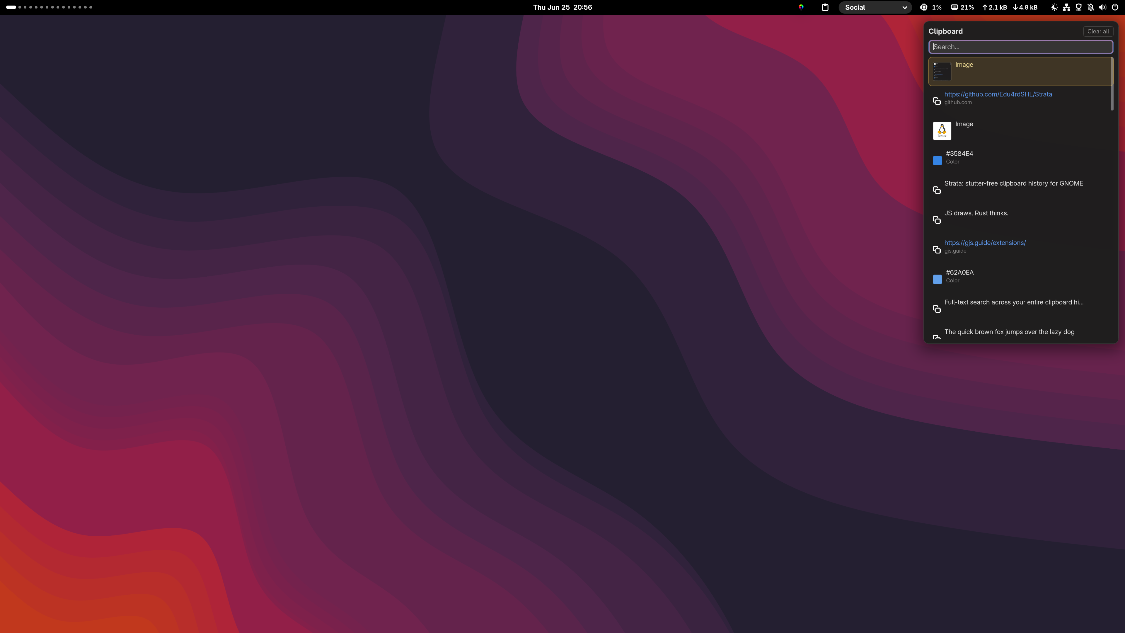 Strata's clipboard panel open on the GNOME desktop