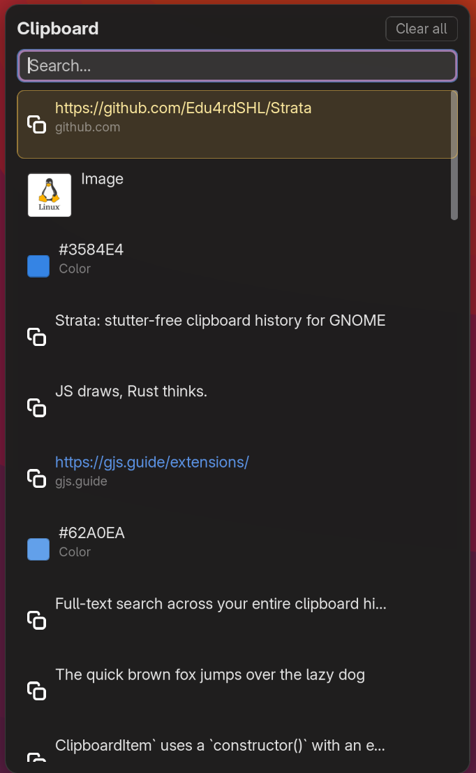 Close-up of the Strata panel: a URL with its hostname, an image thumbnail, color swatches, and text entries